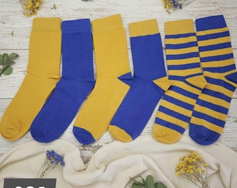 Men's Blue Yellow Socks Pack, 6-12 Pairs Striped Cotton Crew Socks
