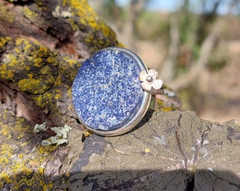 Druzy lapis ring, size 8  adjustable band, boho design, sterling silver ring, spring ring, one of a kind