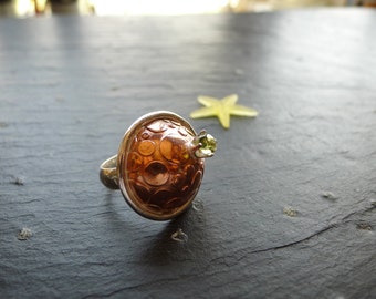 Satellite Ring: patterned copper and sterling ring, tourmaline ring, size 9, summer ring