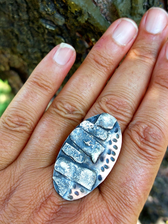 Anello industriale, argento sterling ossidato e rame, argento