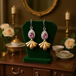 Boho Pink Sapphire Earrings: Etched Sterling Silver & Brass