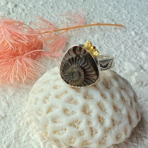 PYRITIZED AMMONITE RING, one of a kind ring, size 8 1/4,  autumn ring, cocktail ring, boho ring, artisan ring