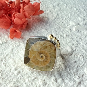 AMMONITE FOSSILIZED RING, one of a kind ring, size 8 1/4,  autumn ring, cocktail ring, boho ring, artisan ring