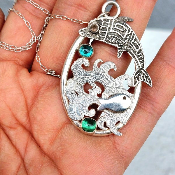 STERLING DIORAMA PENDANT: sterling boho necklace, spring pendant, one of a kind, sterling silver chain, sea necklace