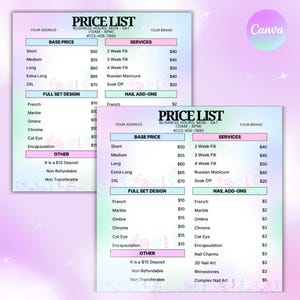 Könnte beinhalten: Zwei Preislisten auf einem Hintergrund mit Farbverlauf in Rosa- und Lilatönen. Die Listen geben die Preise für Nagelbehandlungen an, einschließlich Grundpreise, komplette Designs, Nagel-Add-ons und andere Dienstleistungen. Der Text enthält "PRICE LIST" und Geschäftszeiten.