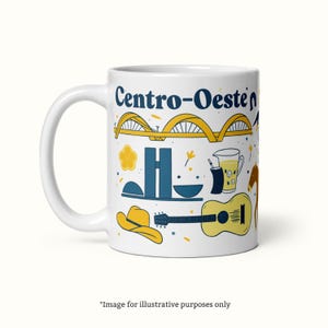 May include: White ceramic mug with the text "Centro-Oeste" and illustrations of a bridge, buildings, a guitar, and a cowboy hat in yellow and blue. The mug has a curved handle.