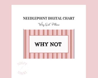 May include: Digital needlepoint chart for a pillow with the text "WHY NOT" in a white rectangle, set against a pink and white striped background. The text "NEEDLEPOINT DIGITAL CHART" and "Why Not Pillow" are above the rectangle. The background is a soft pink.