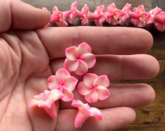 Puede incluir: Una mano sostiene varias flores de plumeria rosas y blancas, con una cadena de flores similares en el fondo. Las flores tienen un diseño delicado de pétalos en capas y una paleta de colores suaves.