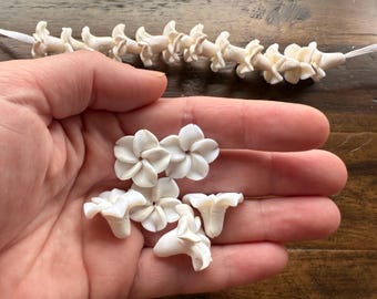 May include: A collection of white, flower-shaped beads and a strand of similar beads. The beads are held in a hand, with some loose and others strung together on a white cord. The beads have a detailed, textured appearance.