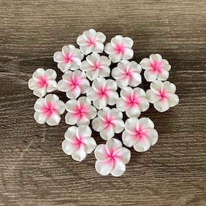 10 pcs Pink and White Plumeria Frangipani Flower Polymer Clay Beads/Flatback 25mm