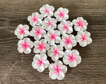 10 pcs Pink and White Plumeria Frangipani Flower Polymer Clay Beads/Flatback 25mm