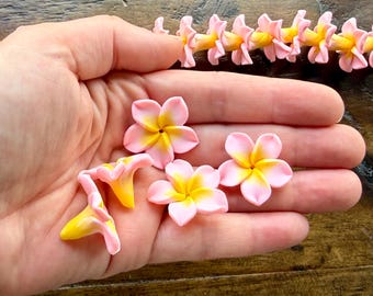 May include: A collection of small, five-petaled plumeria flowers in shades of soft pink and bright yellow. Three individual flowers are resting in a palm, while a string of identical flowers is positioned horizontally in the background.