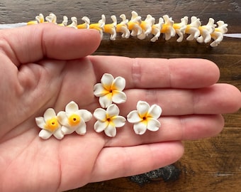 May include: A hand holds several white and yellow flower-shaped embellishments. A garland of similar flowers is visible above. The flowers have white petals with yellow centers and are likely for crafting or decoration.
