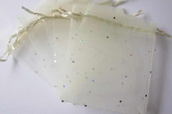 50 Ivory w/ Silver Glitter Organza Drawstring Gift Pouches 4"x4"