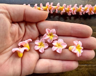 Puede incluir: Una colección de pequeñas cuentas con forma de flor de plumeria de cinco pétalos, con un degradado rosa suave en los pétalos y un centro amarillo brillante. Las cuentas tienen forma de flores en miniatura y están dispuestas en grupo.