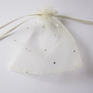 May include: A white sheer organza gift bag with silver glitter dots. The bag has a drawstring closure.