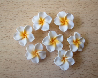 25mm White/Yellow Plumeria Frangipani Flower Polymer Clay Beads/Flatback-side hole