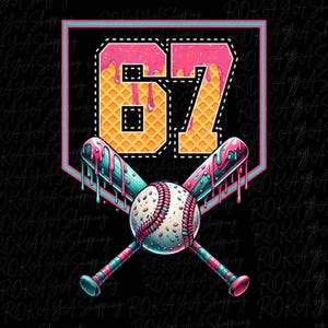 May include: A baseball-themed graphic on a black background. The image features the number "67" in a waffle-like texture with pink icing dripping down. Crossed baseball bats and a baseball complete the design, with pink and teal accents.