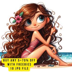 10 Beach Quirky Girl Clipart PNG,  Cartoon Summer Woman Clip Art, Tropical Summer Beach Illustration For Journals Scrapbooks Kids Clipart