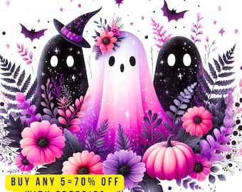 Pastel Halloween Ghost PNG Clip Art,  Cute Witch Ghost Clip Art, Pink Spooky Aesthetic Sublimation, Kawaii Pumpkin Floral, Goth Halloween