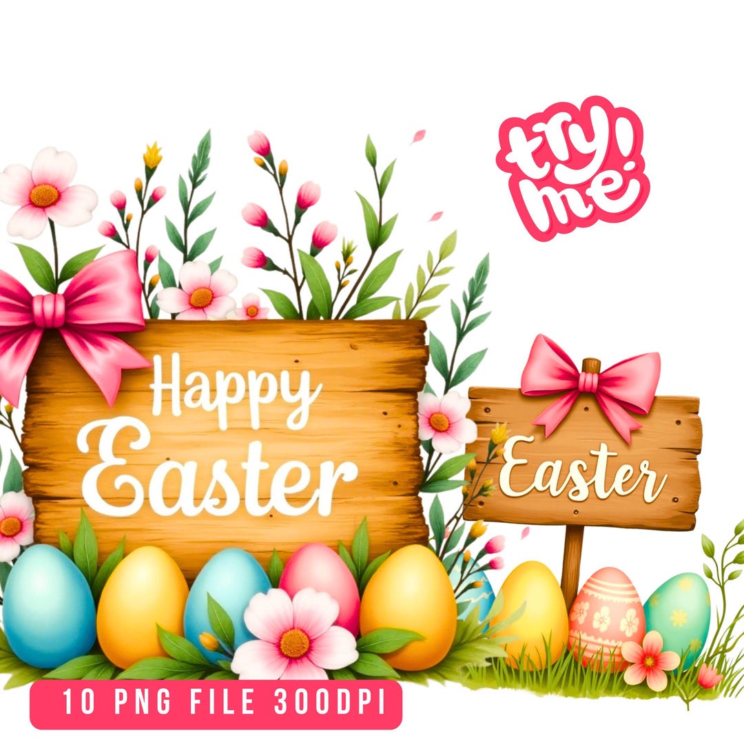 10 Easter Wooden Sign Clipart PNG, Happy Easter Signage Spring Floral ...