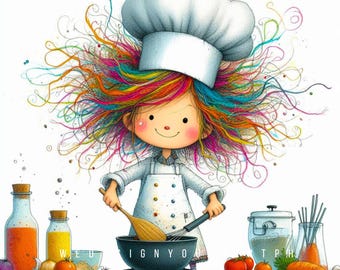 10 Cute Quirky Chef Girl Clipart JPG, Colorful Hair Little Chef Cook Clip Art, Fall Cooking Digital Art for Stickers, Sublimation Clip Arts