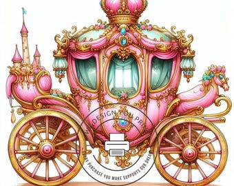 Fairy Tale Royal Carriage Clip Art | Pink and Gold Princess Coach JPEG | Vintage Fantasy  Digital Download for Invitations & Crafts