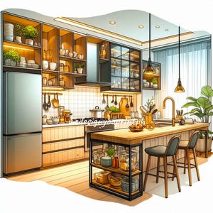 10 Clip Art di cucine moderne e accoglienti in formato JPG, Clipart digitali da scaricare istantaneamente, Decorazioni per la casa moderne stampabili per scrapbooking e diario