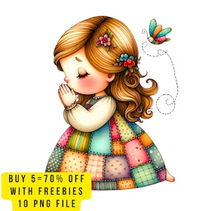 10 Clipart di ragazze in preghiera in formato PNG trasparente, stampa a sublimazione di bambine inginocchiate in preghiera con patchwork vintage, arte murale cristiana per bambini, religiosa