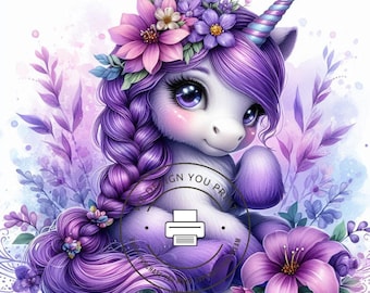 Purple Floral Unicorn Clipart JPG, Fantasy Unicorn, Cute Kawaii Unicorn Instant Download, Watercolor Unicorn with Flowers, Magical Pony