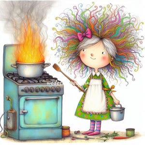 Può includere: Una ragazza con i capelli colorati sta cucinando su una stufa. La pentola è in fiamme e lei tiene un cucchiaio di legno. Esce fumo dalla pentola.