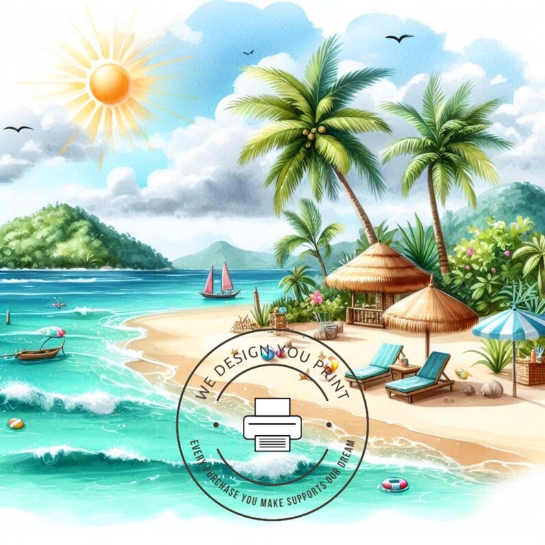 Tropical Summer Beach Clipart PNG, Sunny Summer Vacation Clip Art, Palm ...