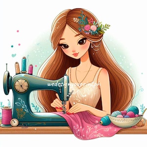 10 Sewing Girl Clipart JPG, Vintage Seamstress Illustration, Cute Sewing Machine Art, Crafting Clipart, Handmade DIY Craft Digital Download