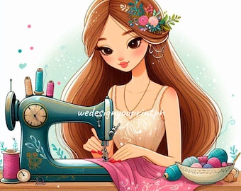 Sewing Girl Clipart JPG, Vintage Seamstress Illustration, Cute Sewing Machine Art, Crafting Clipart, Handmade DIY Craft Digital Download