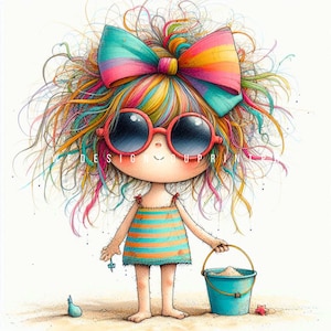 10 Beach Quirky Girl Clipart JPG, Summer Kid Clip Art, Cute Girl with Sand Bucket, Summer Ocean Vacation Cartoon Printable Illustration