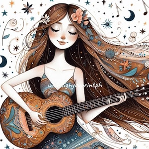10 clipart de garota boho tocando violão JPG, clipart floral de música folclórica, impressão de arte de músico hippie, download digital para adesivos e arte de parede