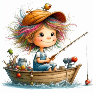 10 Whimsical Boy Fishing with Boat Clipart JPG, High Quality 300 DPI JPG White Background, Fisherman Digital Instant Download Printable Art