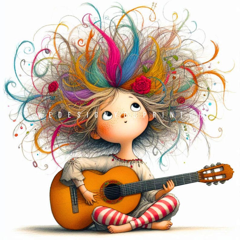 10 Rainbow Hair Quirky Girl With Guitar Clipart JPG, Musical Girl Clip