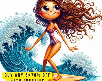10 surfflicka clipart JPG, söt sommarstrandflicka clipart, flicka surfing clipart, sommarkul clipart, strandsurfing clipart, digital direkt