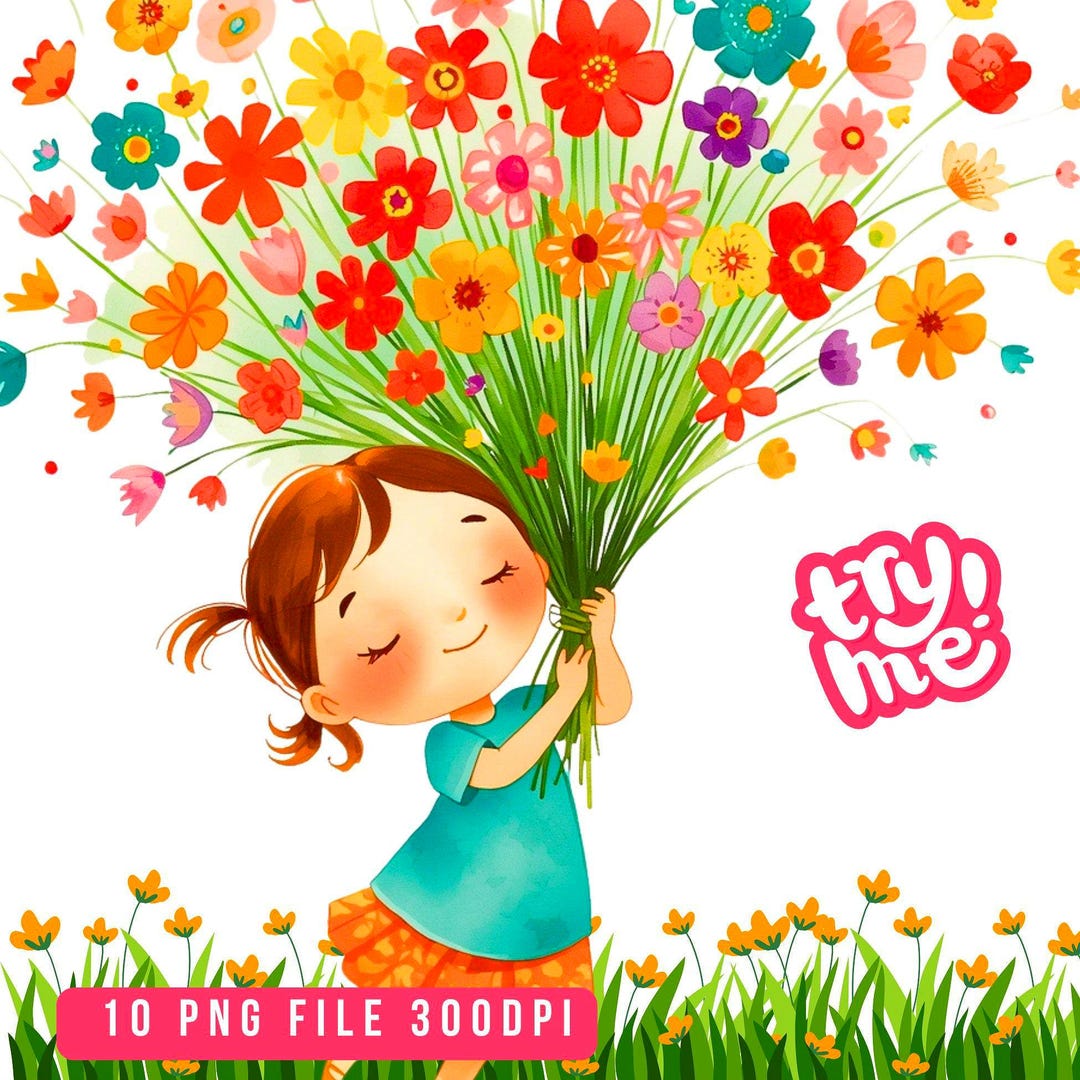 10 Cute Girl With Flowers Clipart Bundle, Whimsical Child Illustration ...