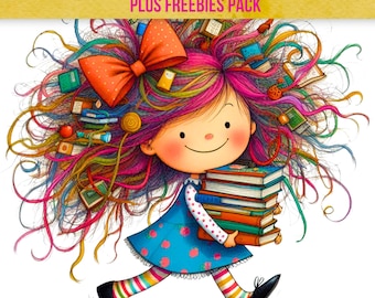 Puede incluir: Ilustración colorida de una niña con cabello vibrante que lleva una pila de libros. Viste un vestido azul con lunares rosas, calcetines a rayas y zapatos negros. Su cabello está adornado con un gran lazo naranja. Texto en la parte superior de la imagen.