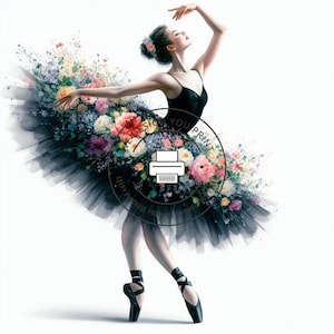 10 cliparts élégants de ballerine florale JPG| Danseuse de ballet élégante | Art de ballet tutu noir | Illustration de ballet aquarelle | Ballet numérique