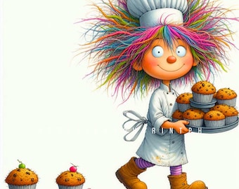 10 Cute Quirky Chef Girl Clipart JPG, Colorful Hair Little Muffins Chef Cook Clip Art, Fall Cooking Digital Art for Stickers, Sublimation