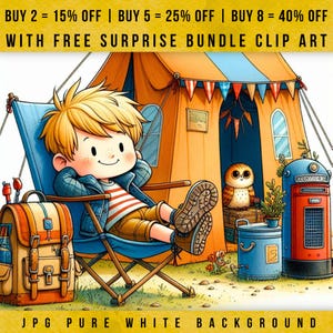 10 cliparts de camping d'été garçon original cheveux blonds JPG, clipart de camping mignon garçon, aventure en plein air camping garçon décalé, aventure de camp d'été