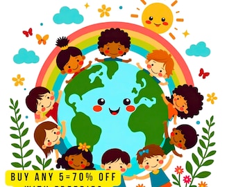 10 Earth Day Celebration Kids Clipart, Cute Save the Planet Clip Art, Rainbow Earth PNG, Eco Decor, Children Around the World Clipart,