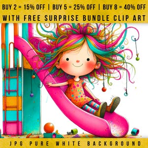 10 Colorful Quirky Girl on Slide Clipart Jpg, Kids on Playground Slide Clip Art, Bright Rainbow Hair Cartoon Girl, Digital Playground Art