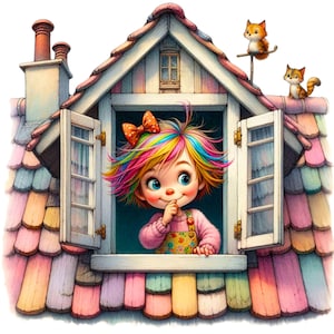 10 Clipart di ragazza con i capelli arcobaleno sulla finestra della soffitta in formato PNG trasparente, Illustrazione di una scena di finestra carina, Arte di un bambino con un cartone animato stravagante, Tetto della soffitta