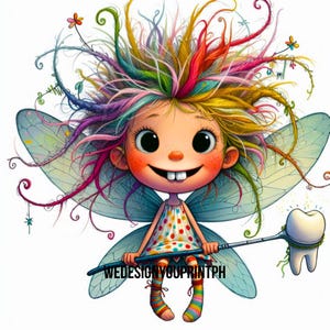 May include: A cartoon fairy with wild, multi-coloured hair, large eyes, and a wide smile, wearing a polka-dot dress and striped socks. The fairy has translucent wings and holds a wand topped with a white tooth. Text reads WEDESIGNYOUPRINTPH.