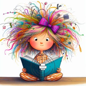 10 schattige Crazy Hair Girl Reading Book Lover Clipart, hoge kwaliteit 300 DPI JPG witte achtergrond, digitale Instant Download afdrukbare Clip Arts