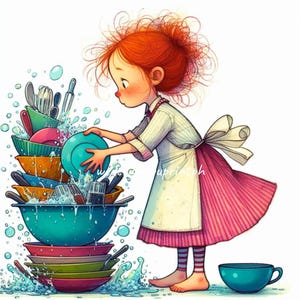 10 Whimsical Redhead Girl Washing Dishes Clip Art, Cute Girl Kitchen Illustration, Household Chores Clipart, Digital Instant Download Art